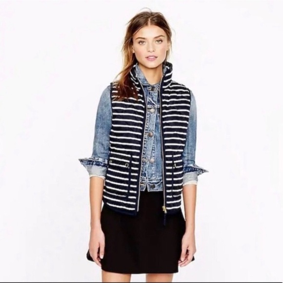 J. Crew Vest Navy Striped Quilted Down Vest Sleeveless Jacket 02727 - Picture 1 of 16